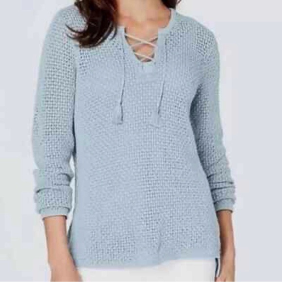J. Jill Sweaters - J. Jill Rain Blue Lace Up Front Crochet Open Weave Sweater Size S $89 New